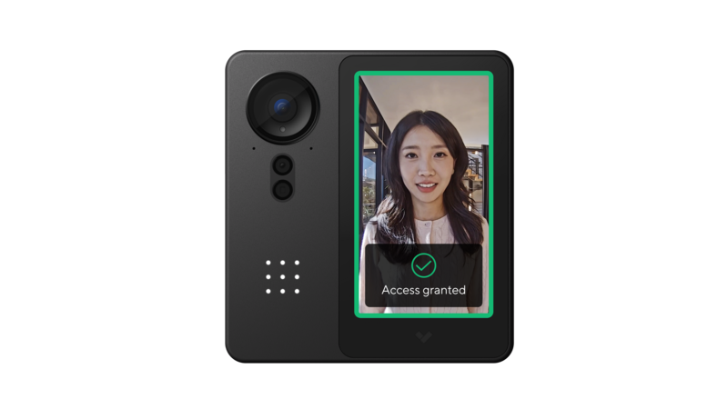 Access control device with camera and screen displaying a woman’s face.