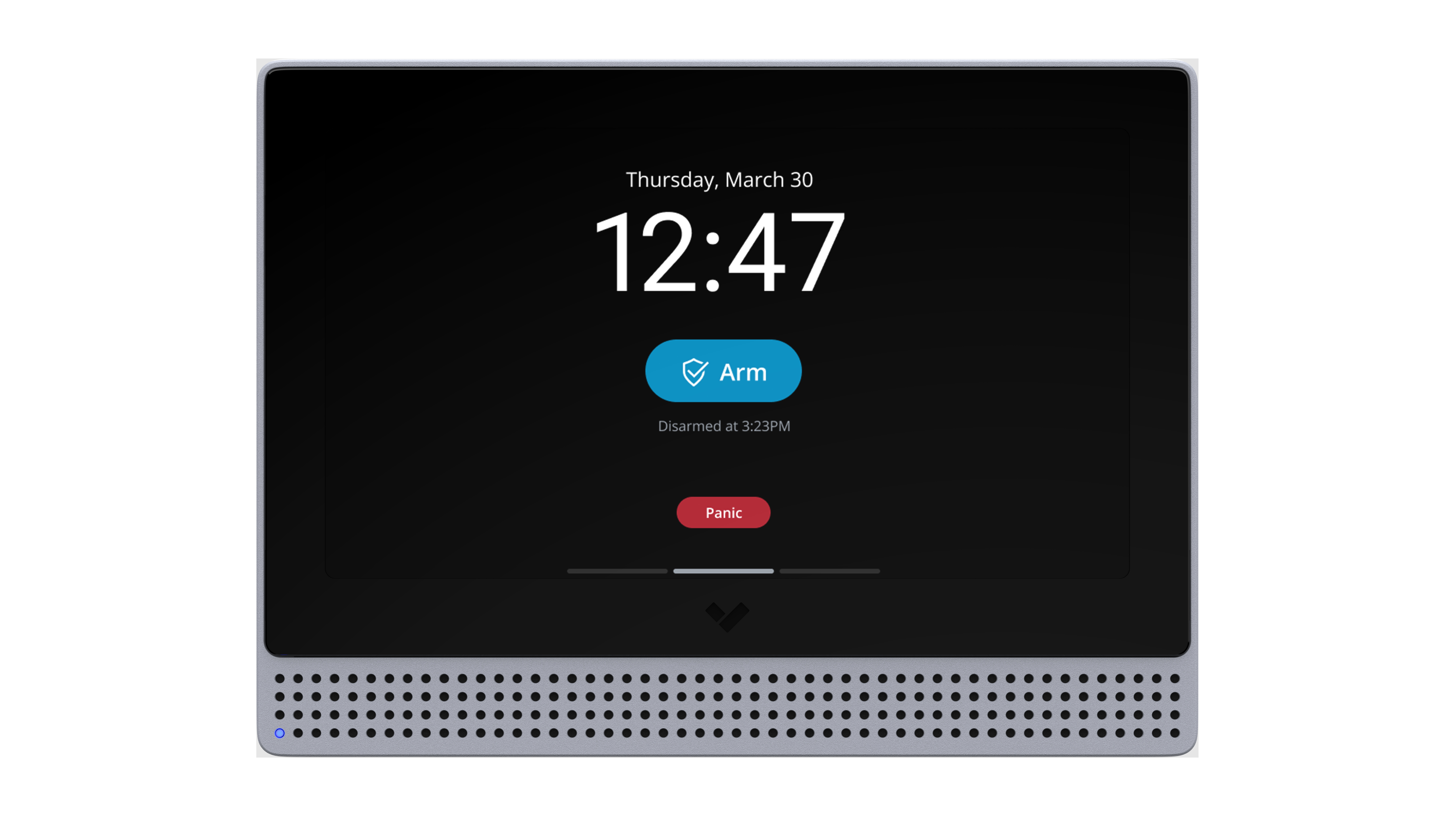 Security alarm keypad displaying time, with blue Arm button and red Panic button.