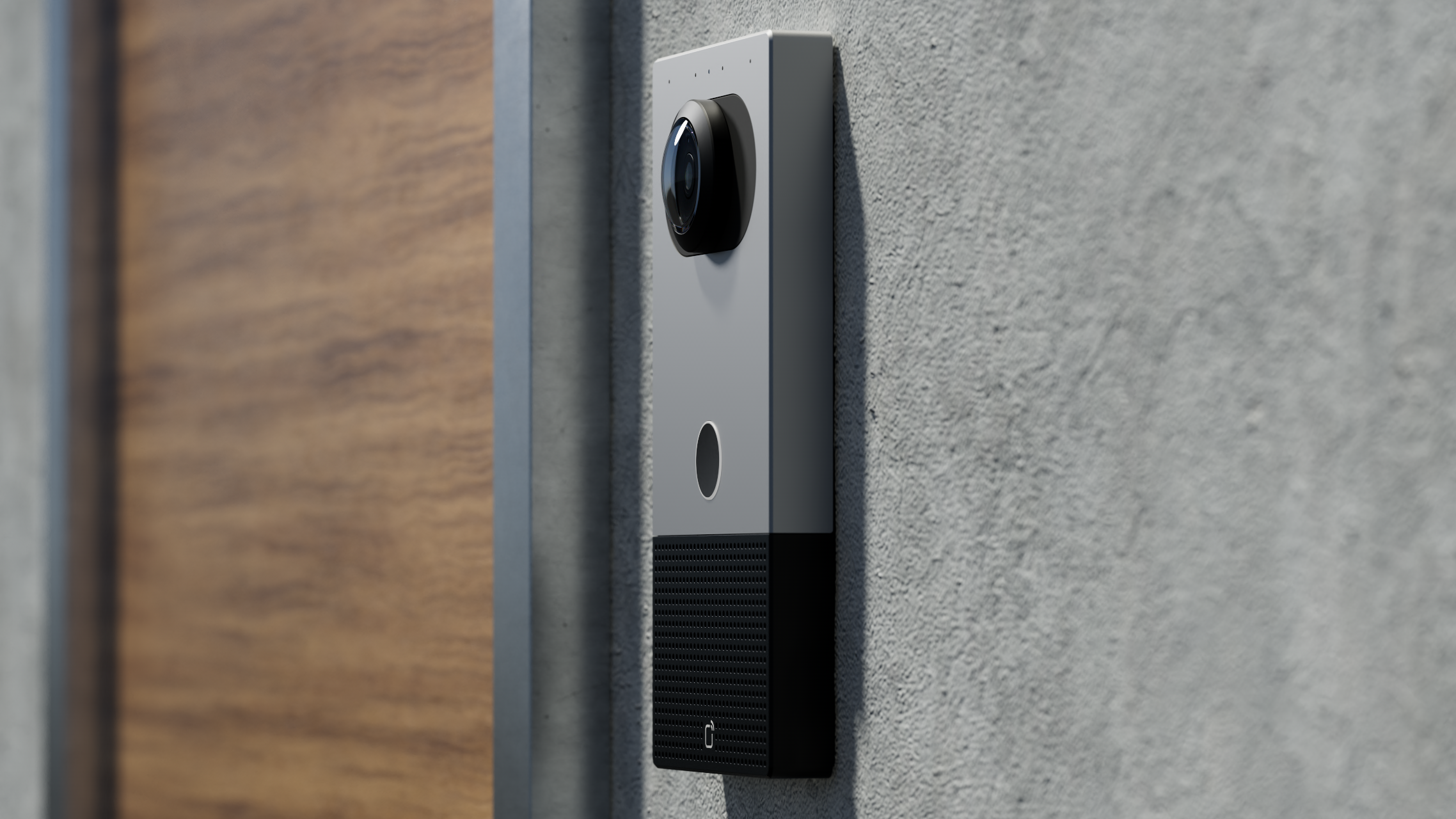 Modern doorbell camera mounted on a textured gray concrete wall next to a wooden door.