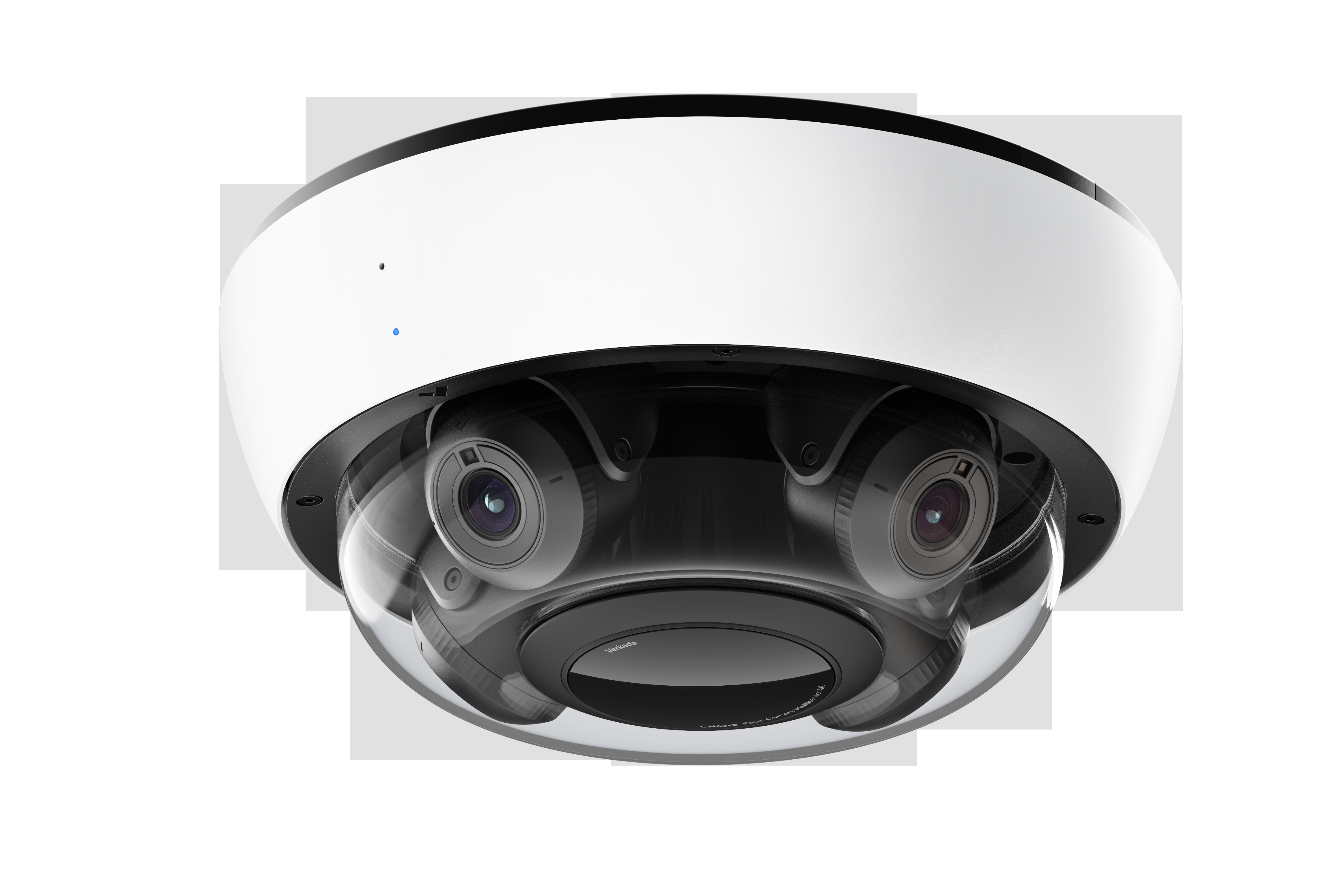 White dome security camera with multiple lenses inside a clear protective cover.
