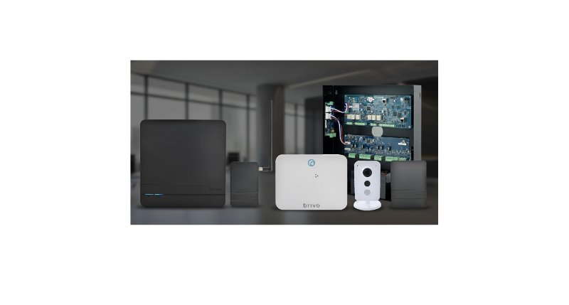 Brivo access control system components including gateways, readers, and a circuit board.