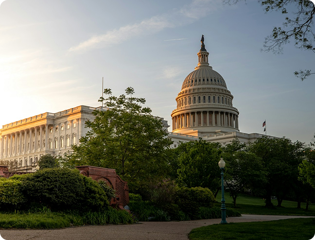Photo of a government building, further away with trees in front of it