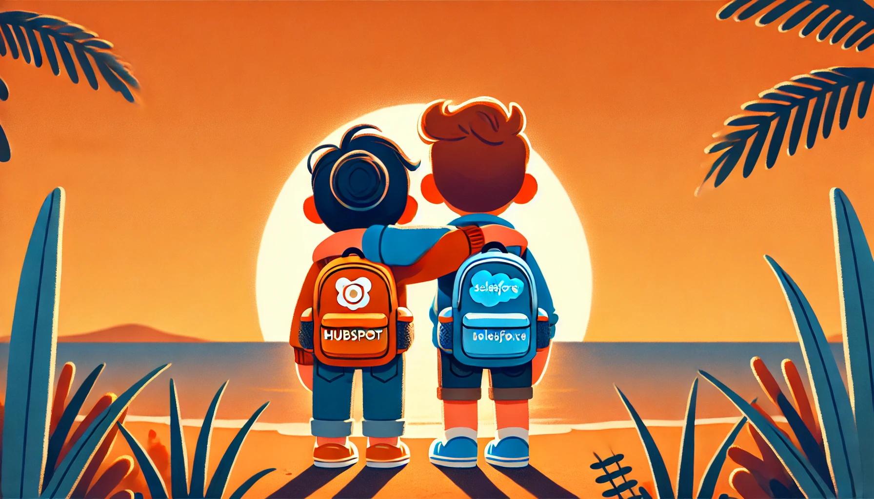 Illustration of two cartoon boys wearing HubSpot and Salesforce backpacks, standing arm-in-arm watching a sunset over a beach