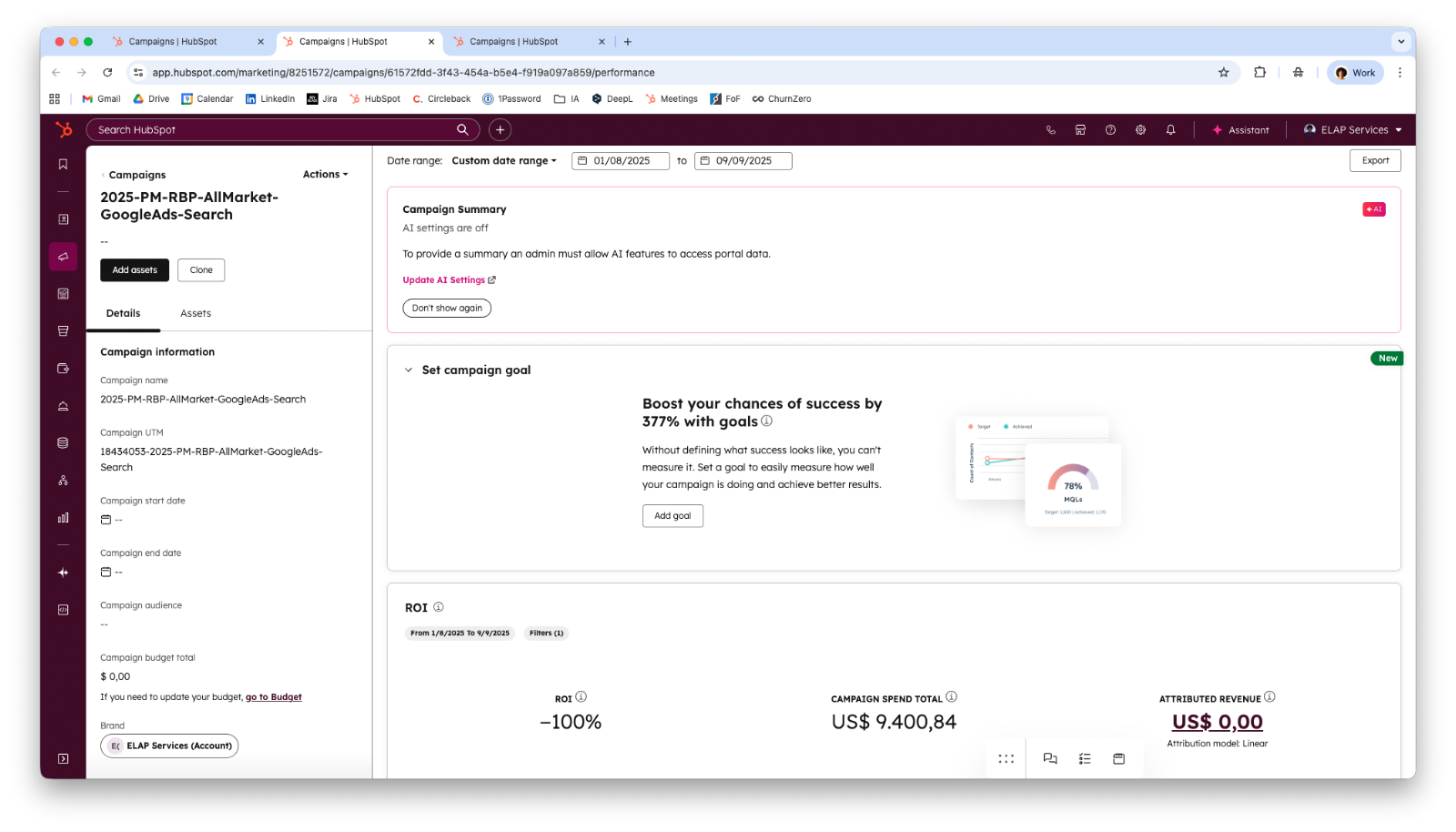 Screenshot of a HubSpot campaign detail page showing campaign info, a 'Set campaign goal' prompt, and ROI metrics like spend and attributed revenue