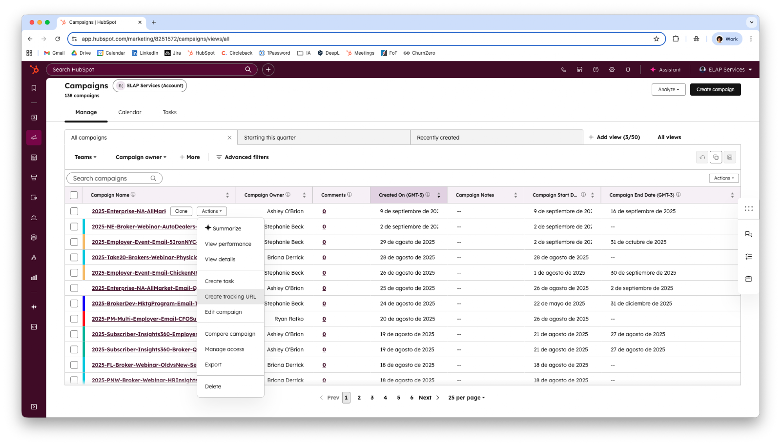 Screenshot of the HubSpot Campaigns list with the row Actions menu open, highlighting 'Create tracking URL'