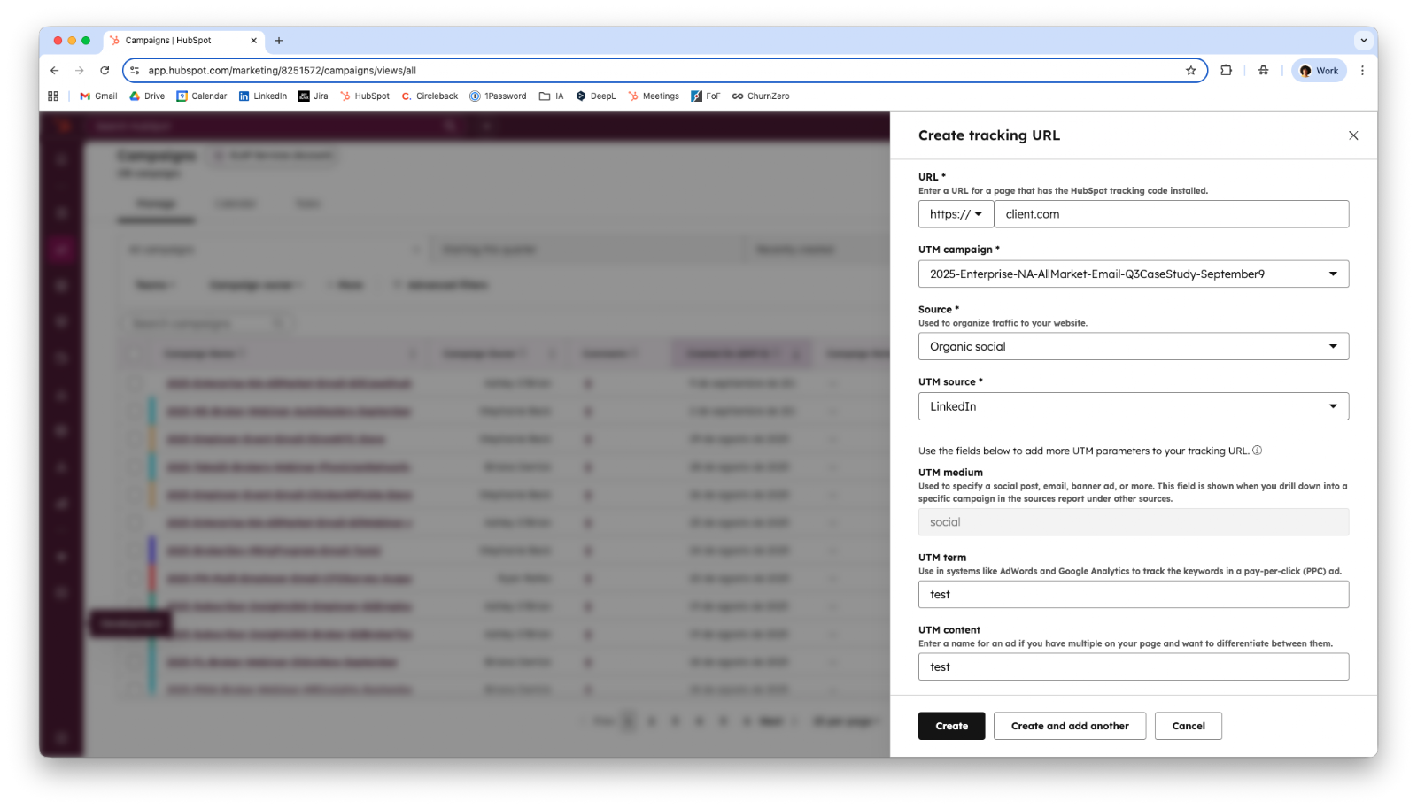 Screenshot of HubSpot's Create tracking URL panel with UTM campaign, source, and medium fields filled in