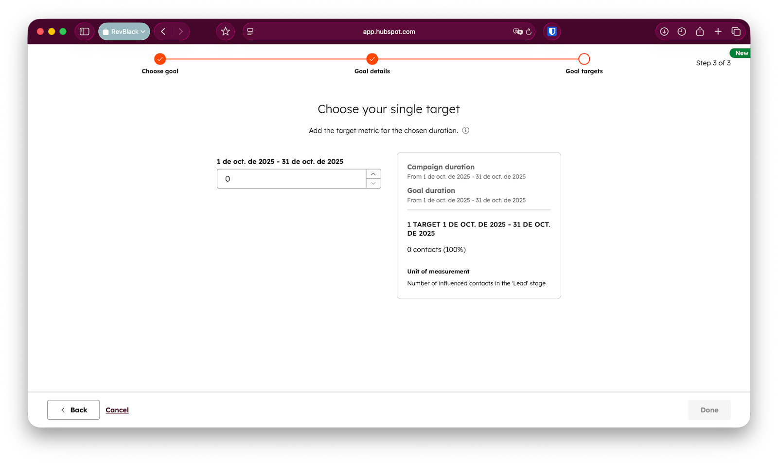 Screenshot of HubSpot's campaign goal wizard, step 3 of 3, prompting for a single contact target for a date range