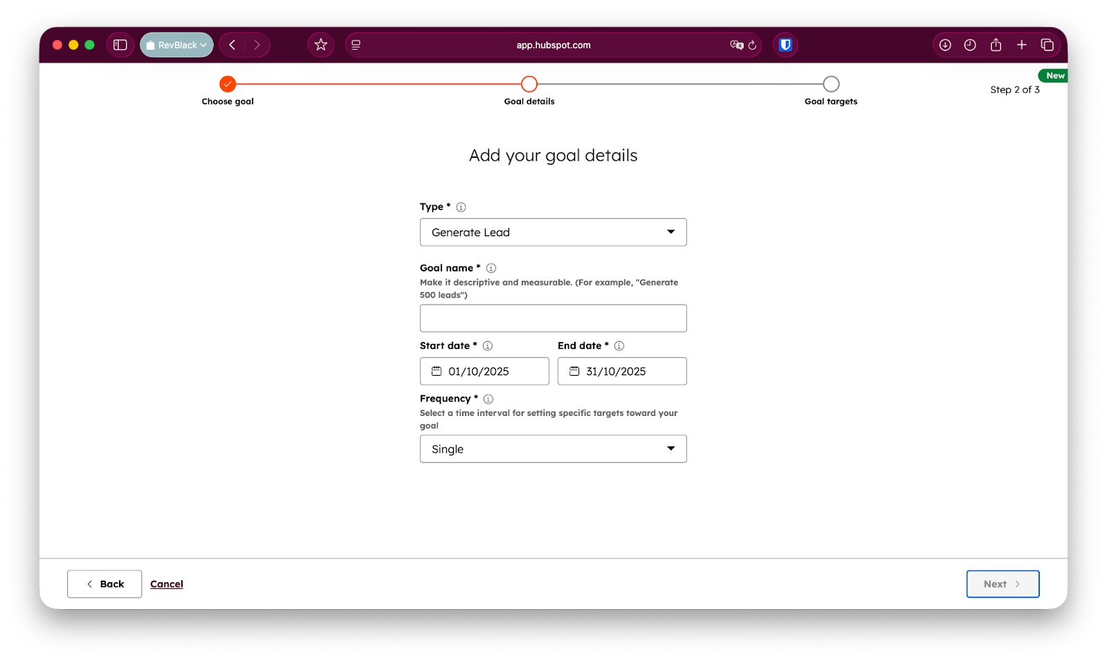 Screenshot of a HubSpot goal-creation wizard on the 'Goal details' step, with fields for type, name, dates, and frequency