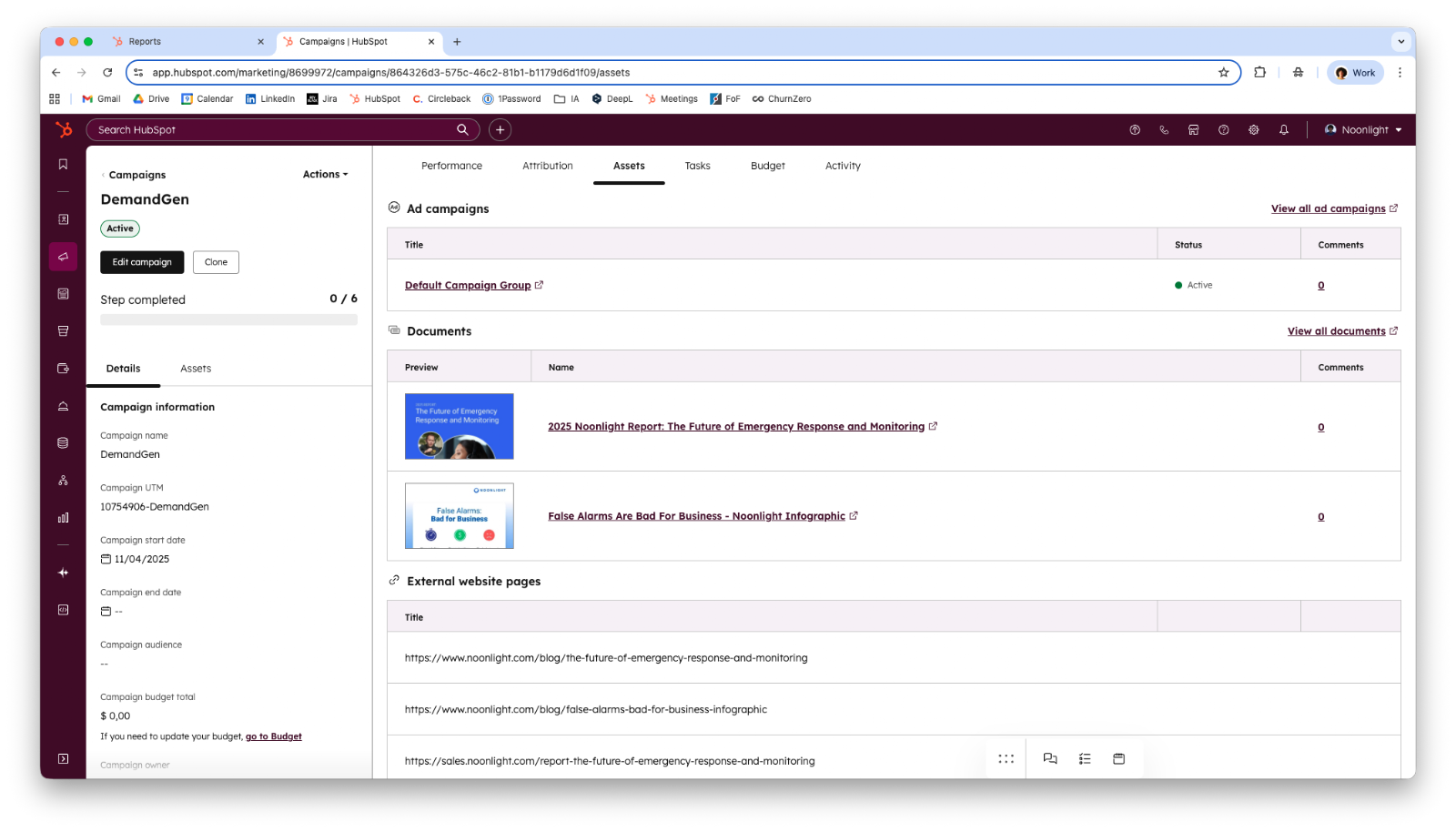 Screenshot of a HubSpot campaign's Assets tab, showing ad campaigns, documents, and external website pages linked to the campaign.