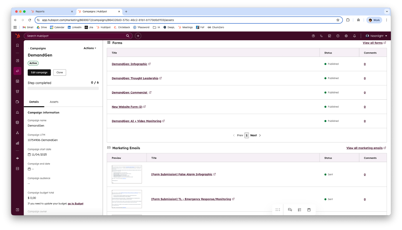 Screenshot of a HubSpot campaign's Forms and Marketing Emails lists under the DemandGen campaign