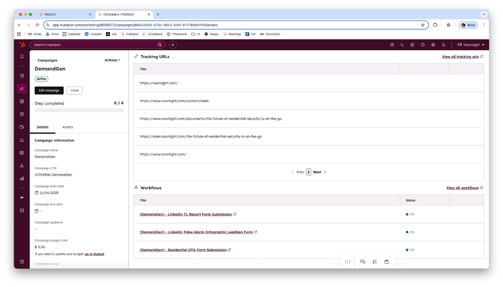 Screenshot of a HubSpot campaign's Tracking URLs and Workflows sections for the DemandGen campaign