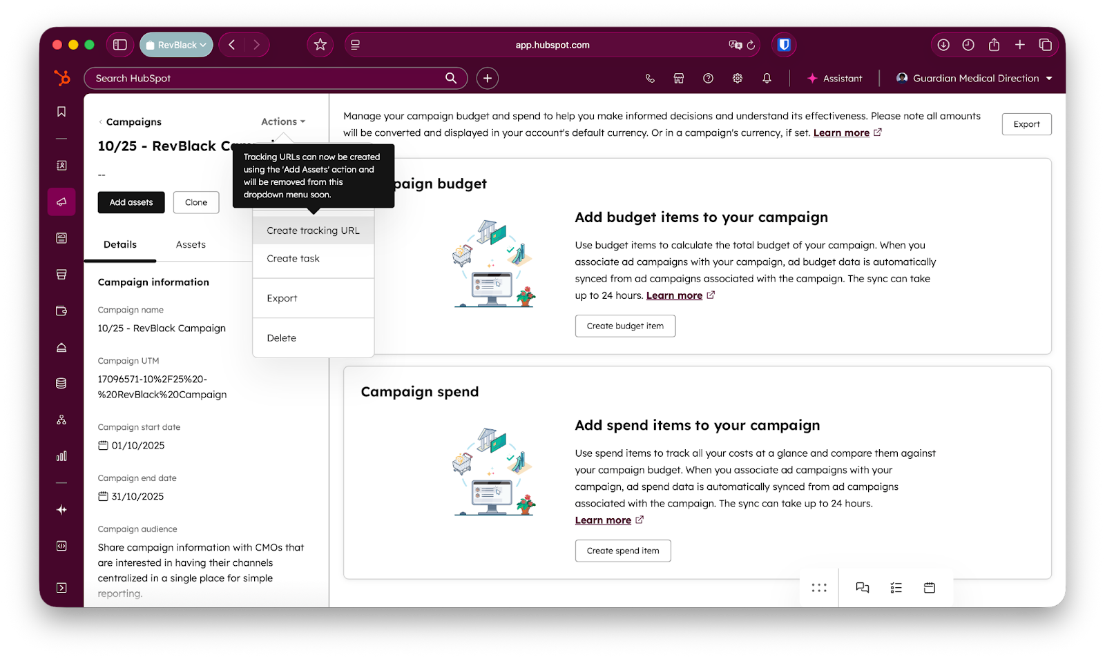 Screenshot of HubSpot's Campaigns tool with the Actions menu open and panels for adding campaign budget and spend items