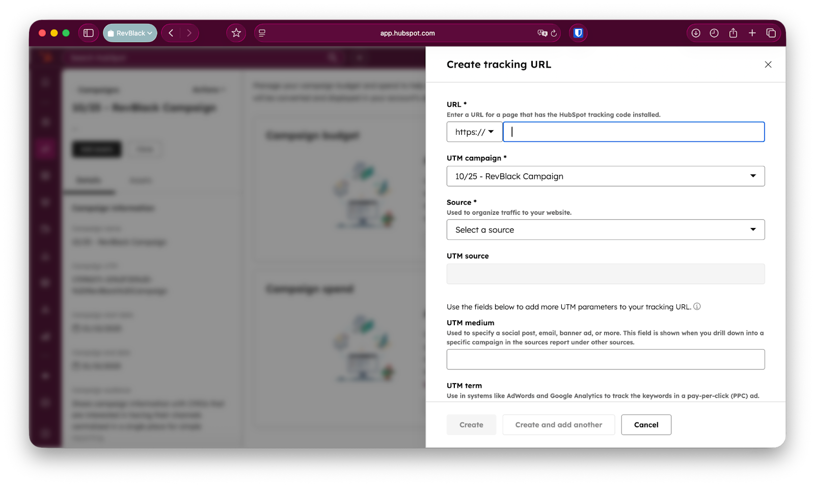 Screenshot of HubSpot's 'Create tracking URL' dialog with fields for URL, UTM campaign, source, medium, and term