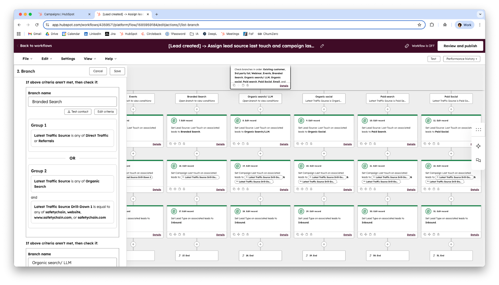 Screenshot of a HubSpot workflow with parallel branches assigning lead source and campaign based on traffic source.