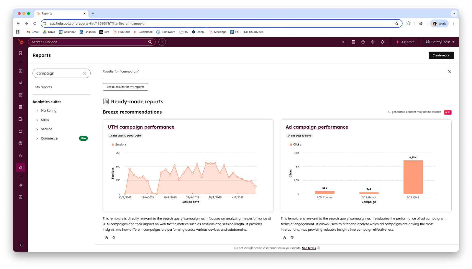 Screenshot of HubSpot Reports search results for 'campaign' showing UTM campaign performance and ad campaign performance report cards with charts