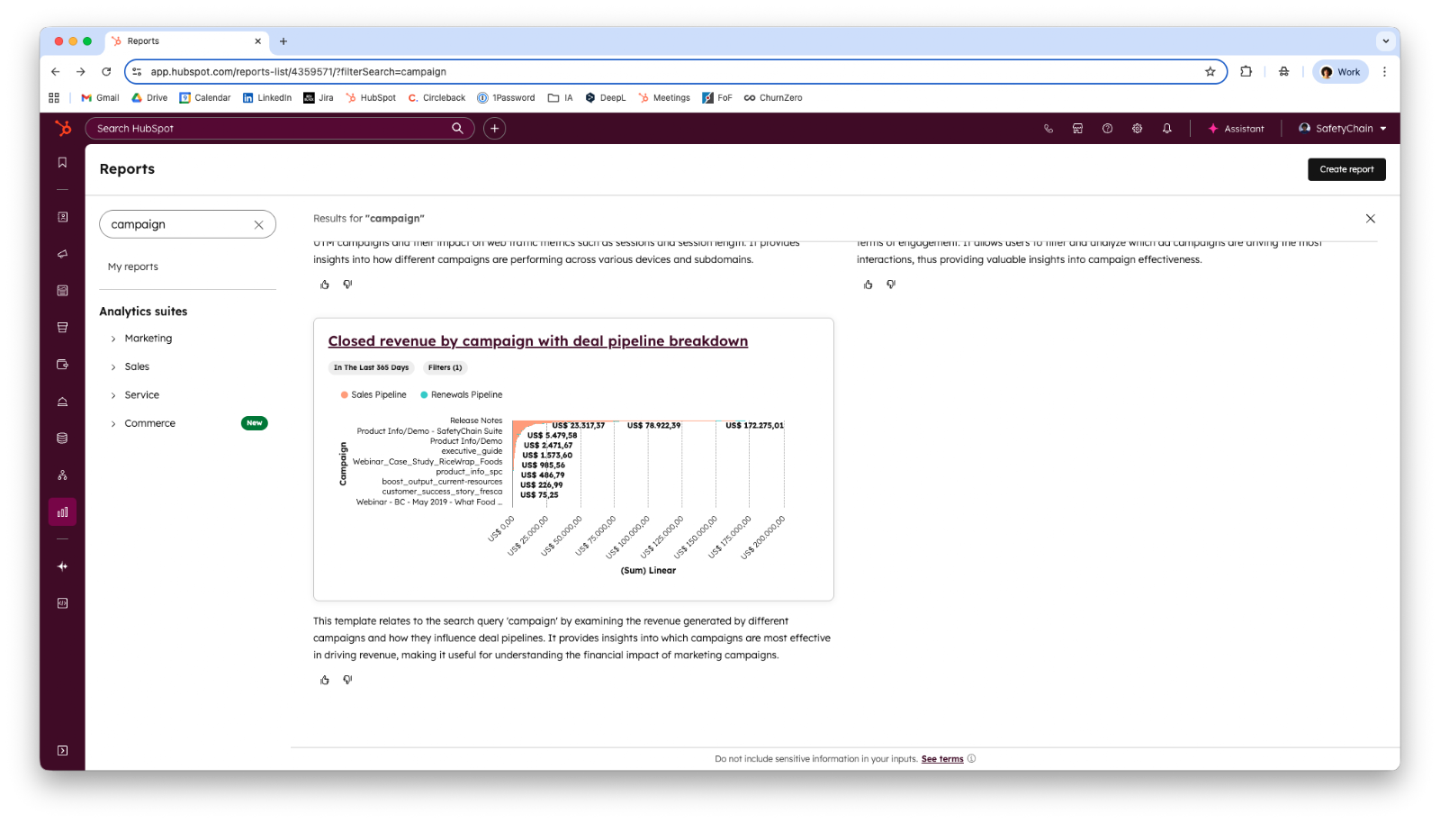 Screenshot of HubSpot Reports search results for 'campaign', highlighting a 'Closed revenue by campaign with deal pipeline breakdown' report with a bar chart