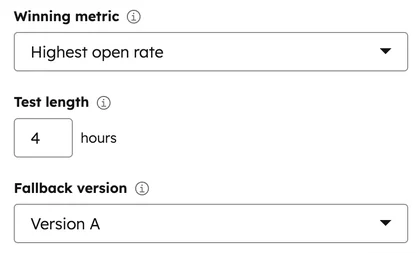 HubSpot A/B test settings for winning metric, test length and fallback version