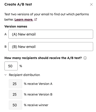 HubSpot Create A/B test dialog with version names and recipient distribution
