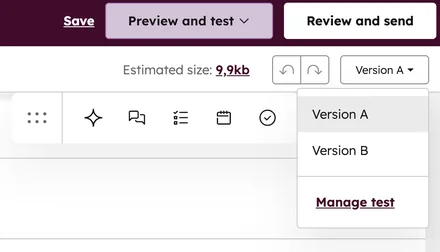 HubSpot email editor version dropdown for switching between Version A and Version B