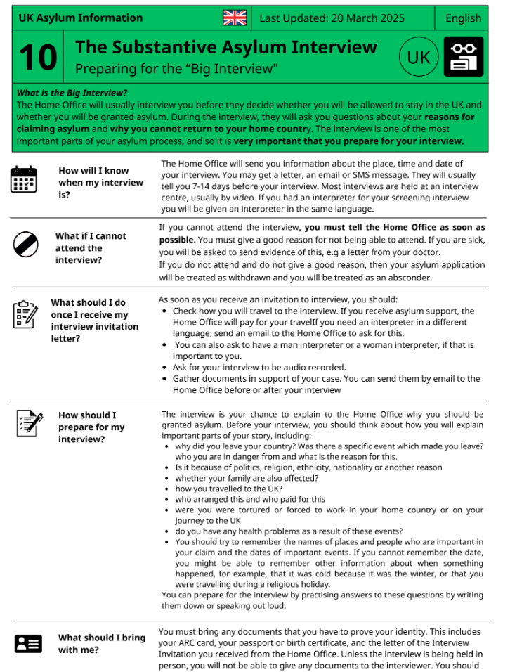 Explains the UK substantive asylum interview (after screening): purpose, common topics, your rights, preparation tips, and what happens after the interview.