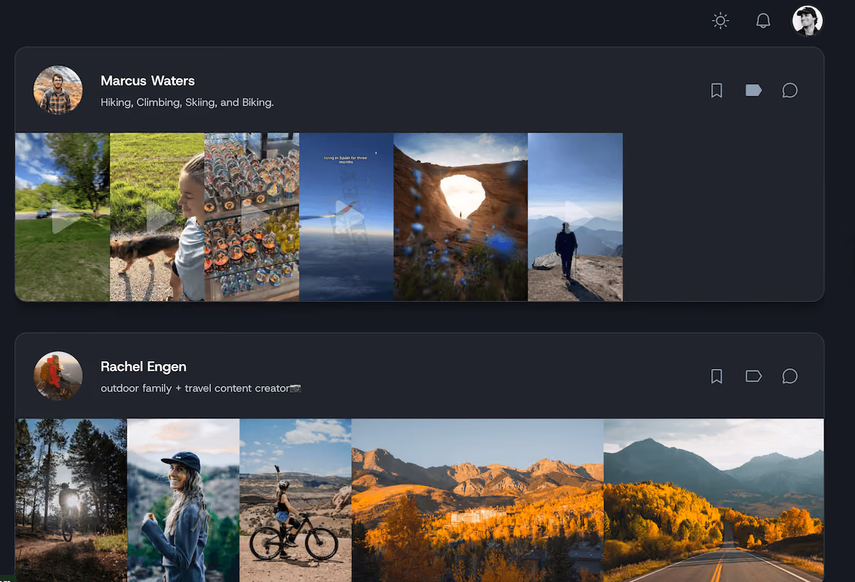 Creator profiles displayed on outdoor brand marketing platform: Popfly.