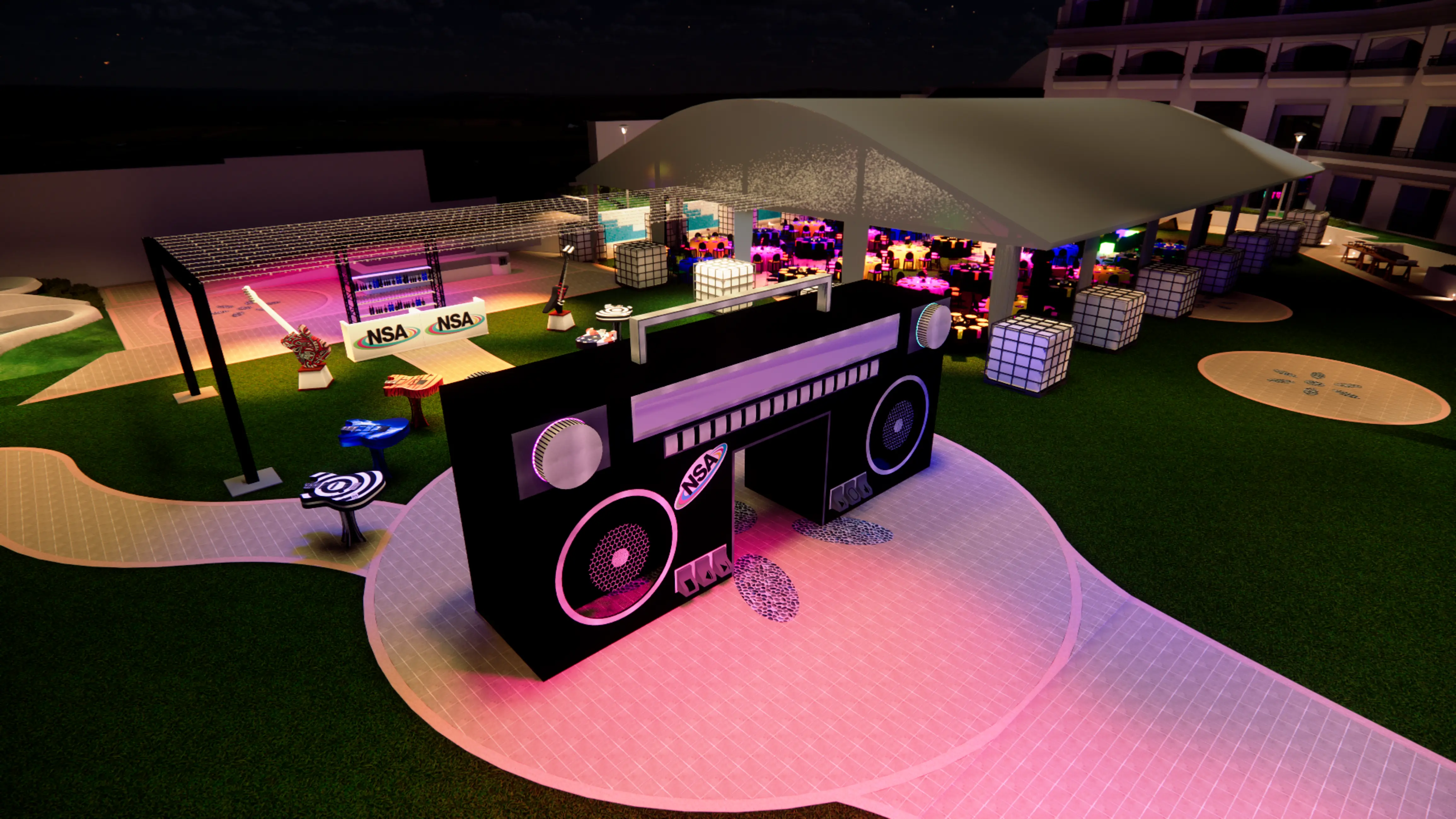 3D render of an outdoor karaoke after-party with a custom boombox entryway, guitar-shaped cocktail tables and event tent.