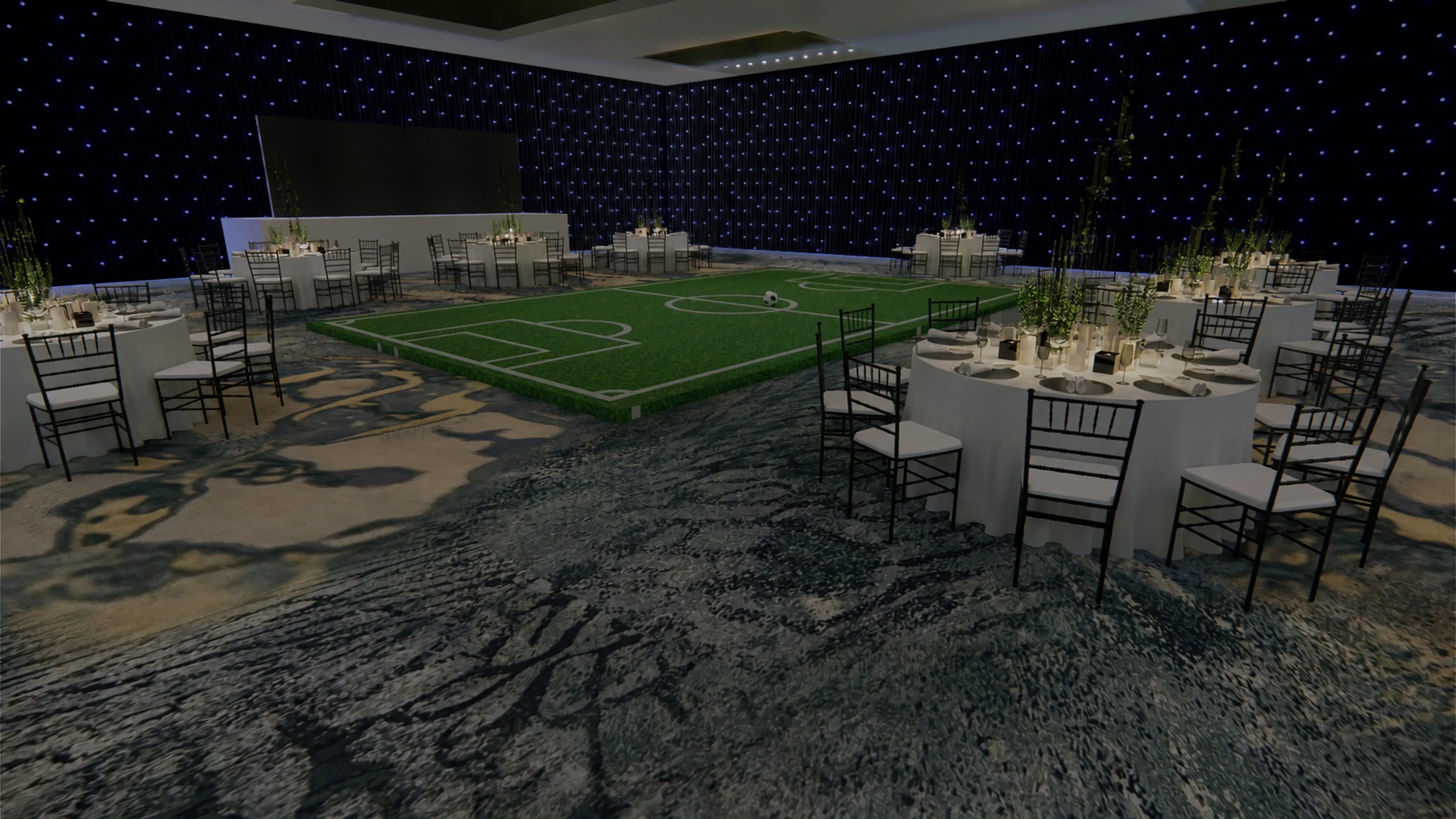 3D render of a football-inspired gala dinner with a central pitch stage, banquet tables and presentation screen.