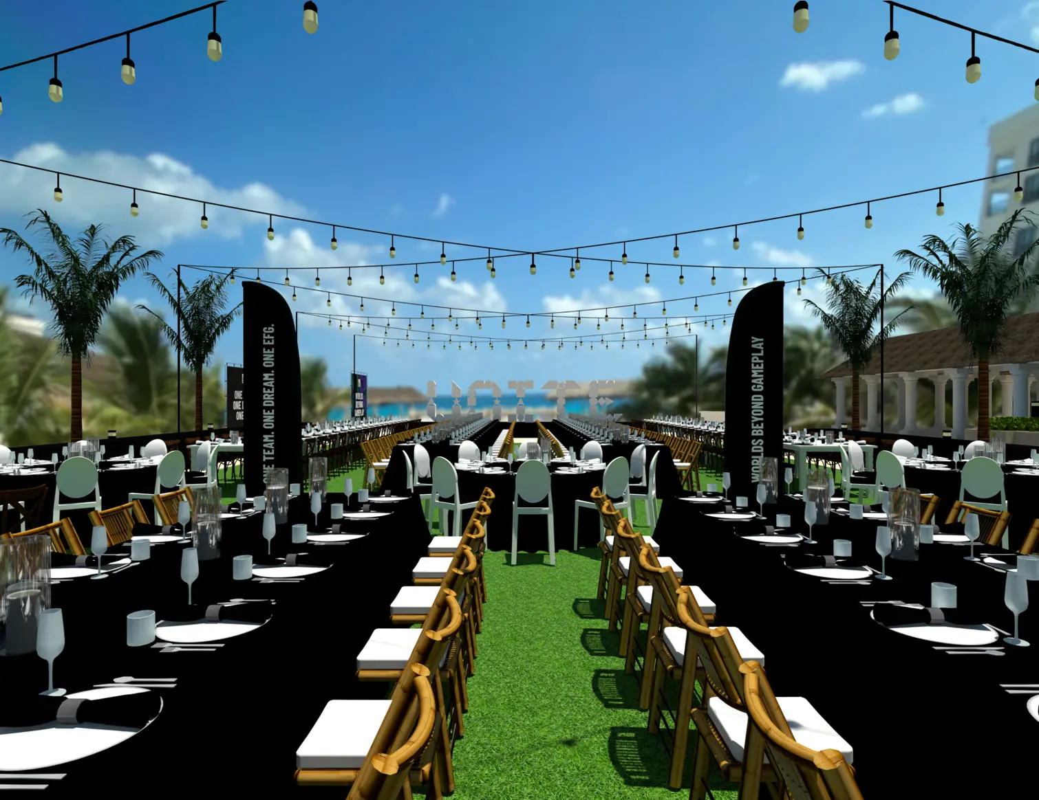 3D render of the welcome dinner showing the custom UNITE letters, tropical dining layout and guest seating.