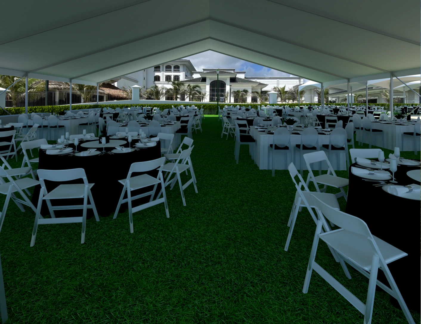 3D render of the breakfast venue with four event tents, banquet seating and gaming-inspired centerpieces.