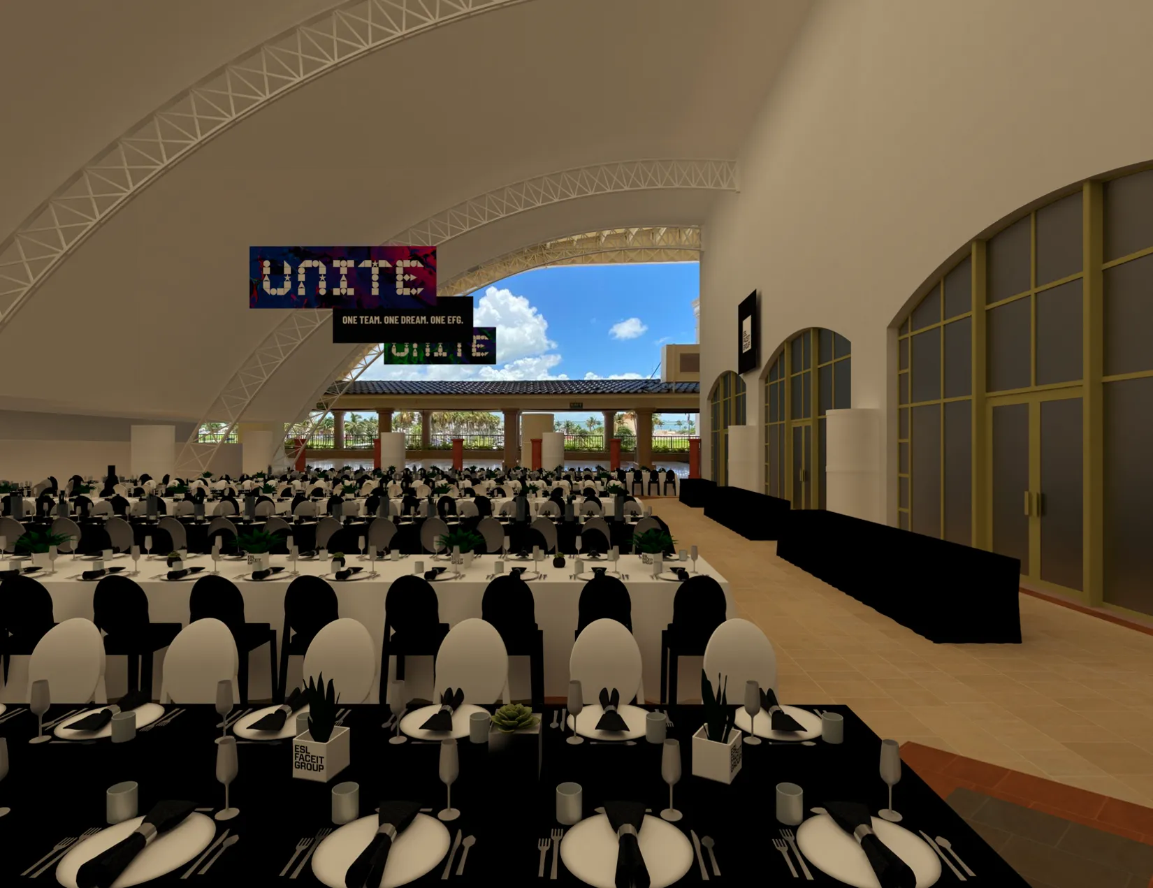 3D render of the terrace lunch showing banquet seating and black and white styling.