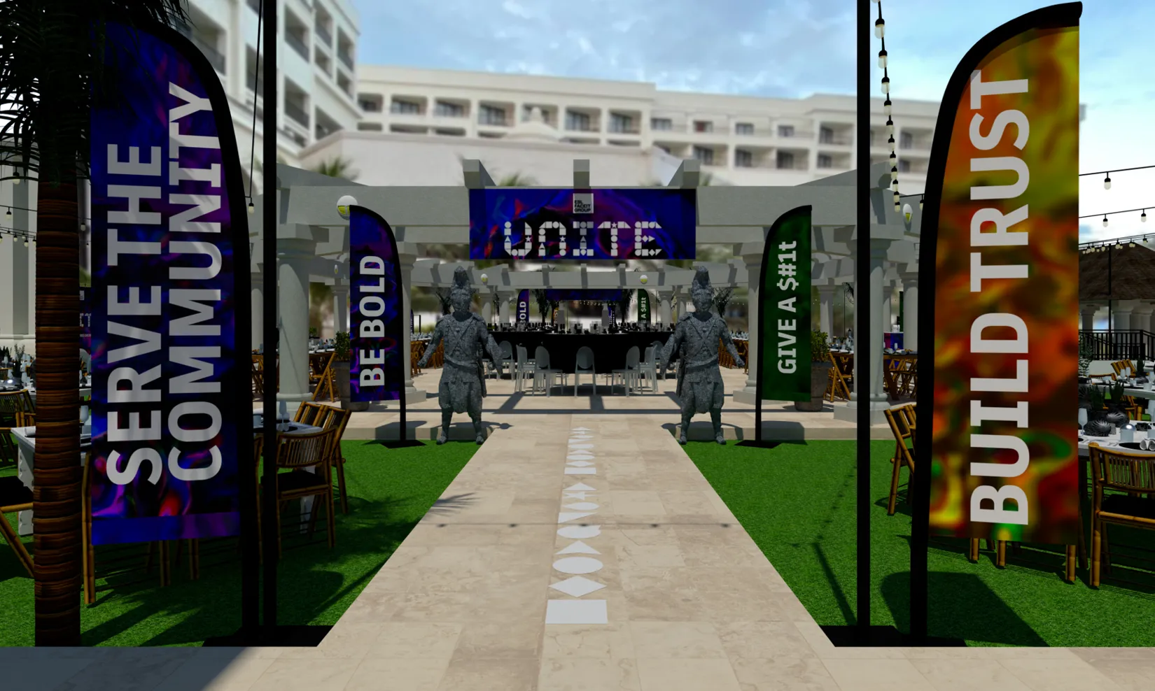 3D render of the closing celebration with Mayan-inspired staging and banquet seating.