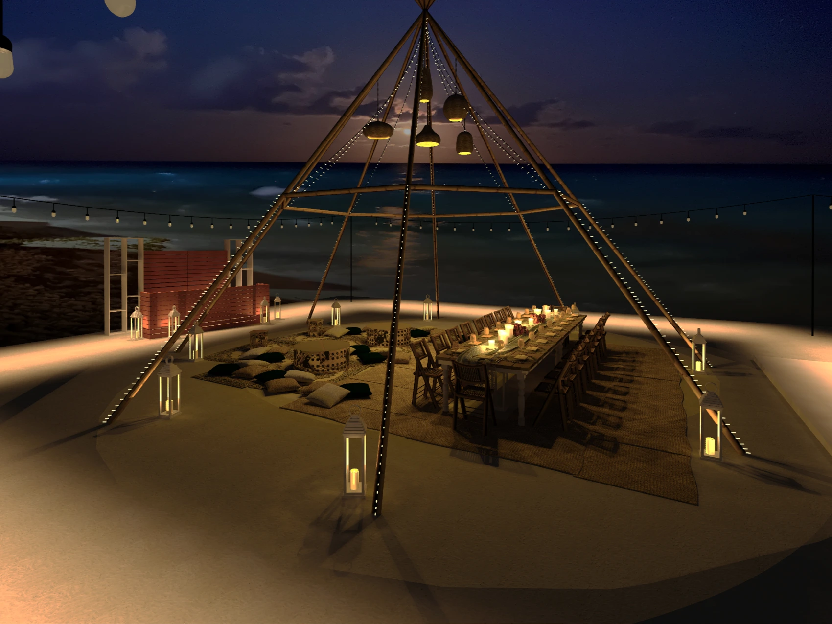 3D render of a beachfront boho dinner beneath a wooden teepee with woven lanterns and lounge seating.