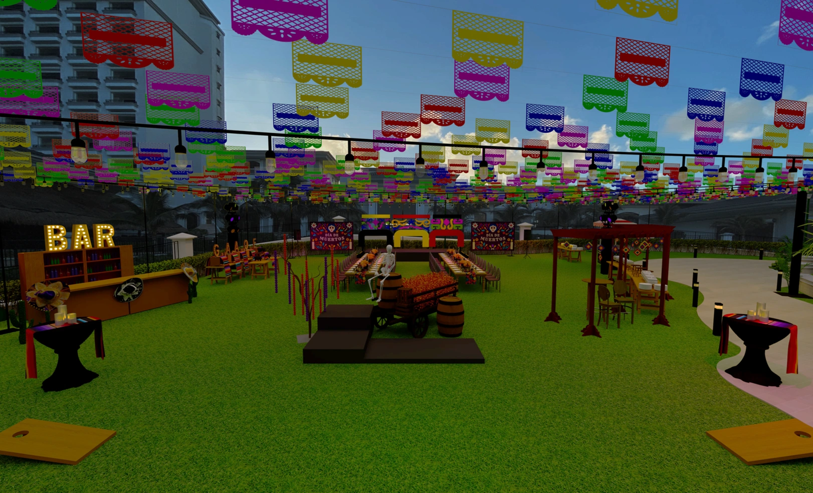 3D render of a Día de los Muertos celebration with carnival games, dining areas and colorful papel picado.