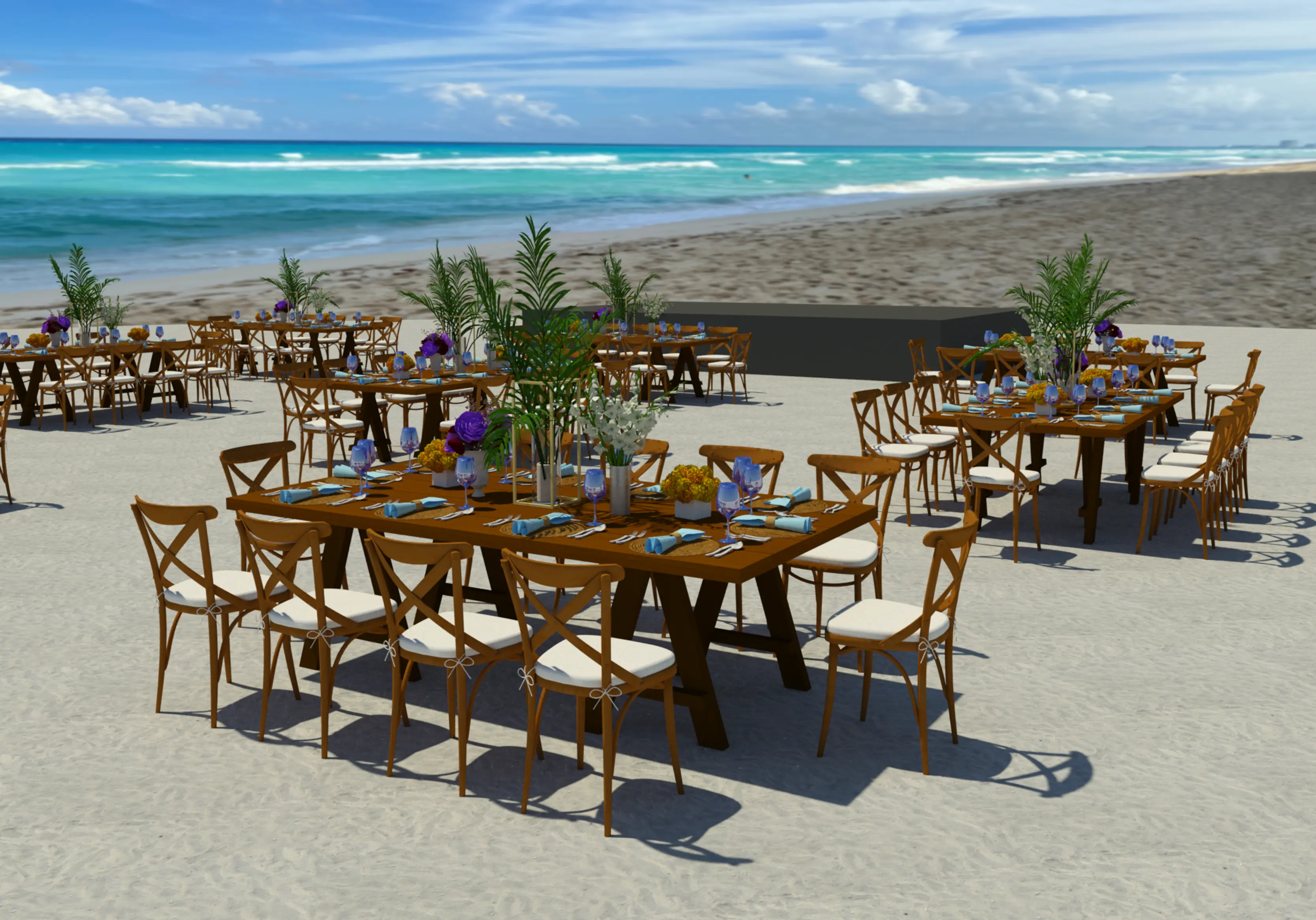 A 3D render shows long wooden tables with tall floral arrangements set on a beach facing the ocean.