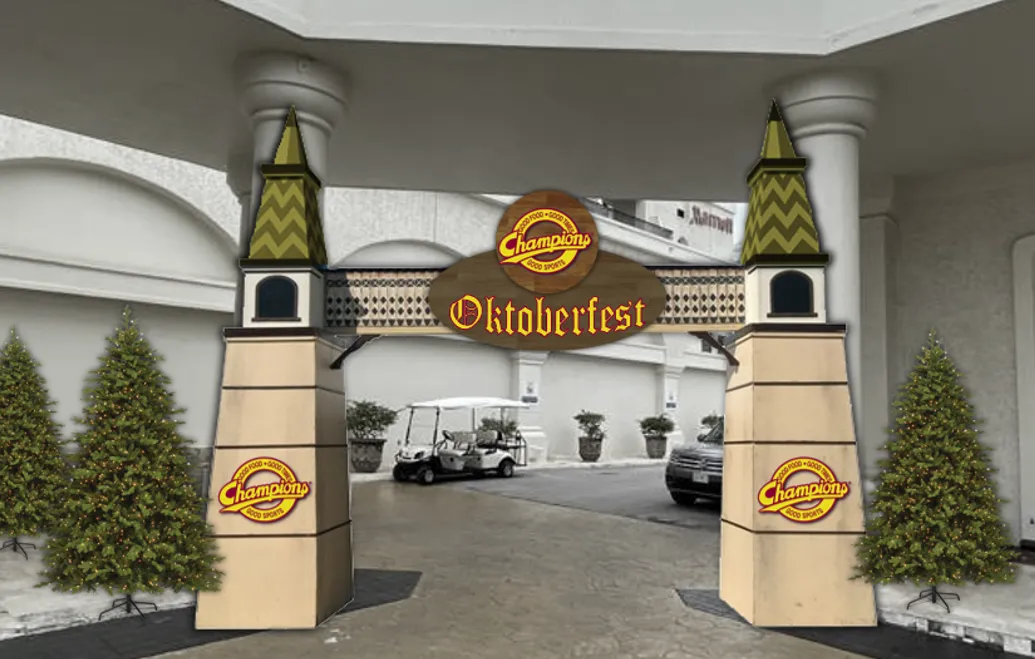 3D render of a Bavarian-style marquee archway with twin peaked towers flanking a stone walkway.
