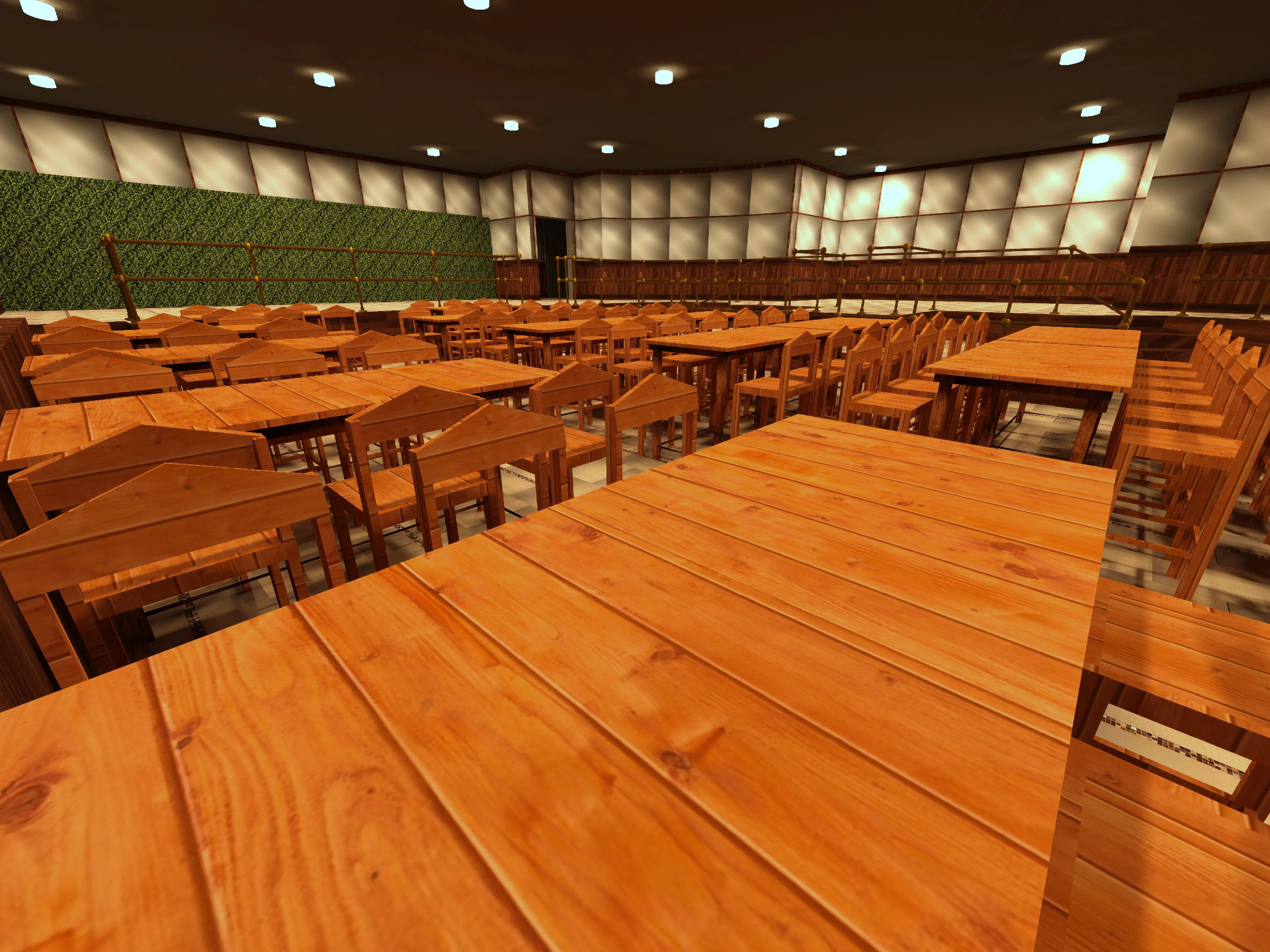 3D render of a bierhalle-style interior with rows of wooden cocktail tables and a green boxwood wall.