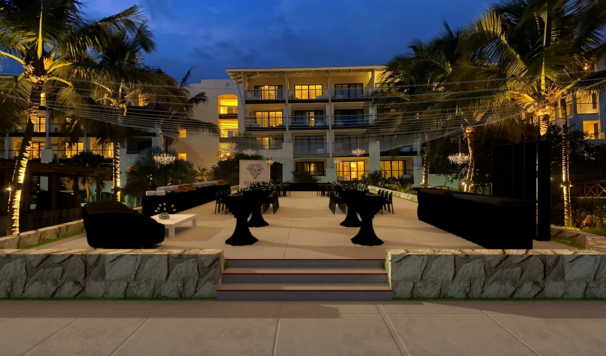 3D render of an outdoor dining area with a canopy of string lights, hanging chandeliers, and black dining tables.