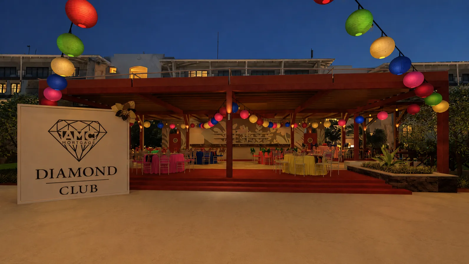 3D render of an open-air dining pavilion with colorful hanging lanterns strung above rows of tables at dusk.