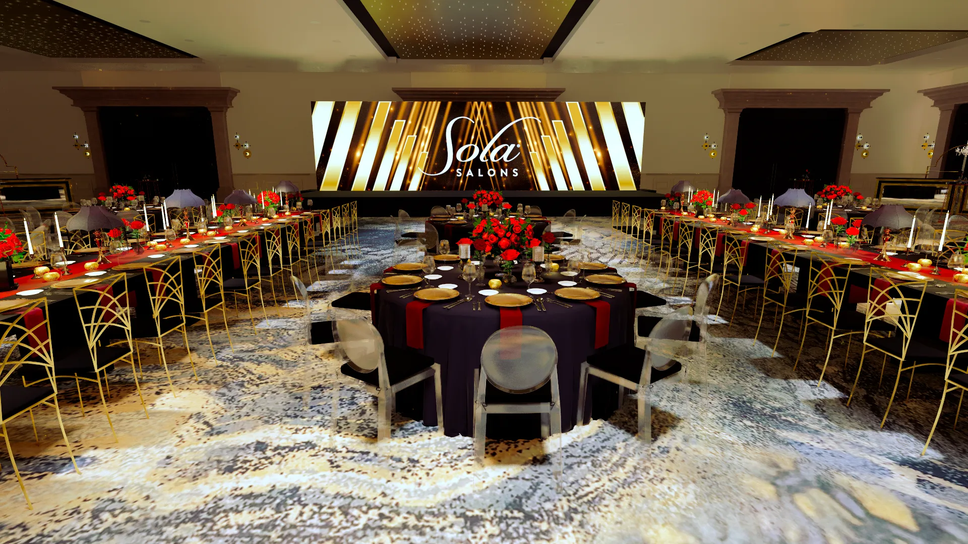 3D render of a ballroom with long black-clothed tables, red rose centerpieces, and an illuminated stage screen.