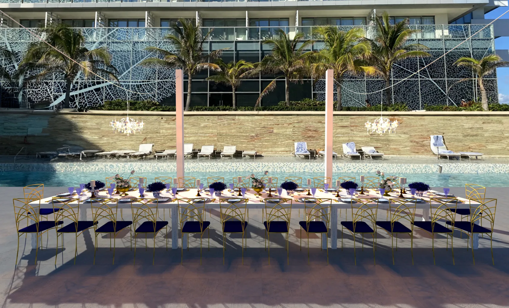 A 3D render of a long poolside dinner table set with blue and gold beneath white chandeliers.