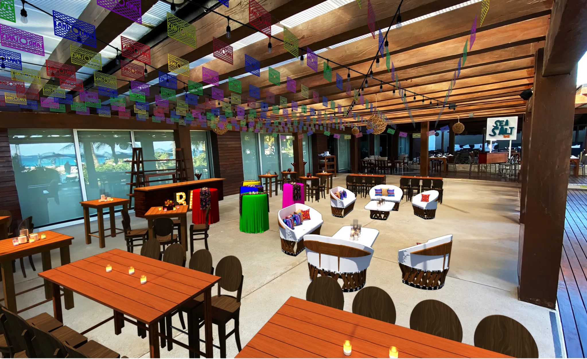 A 3D render of an open terrace lounge layout with tables set for an outdoor cocktail reception.