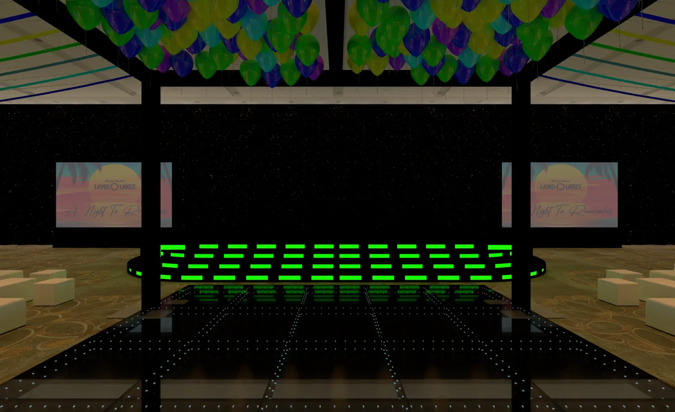 A 3D render of a dark ballroom dance floor lit in green beneath a streamer-covered ceiling.
