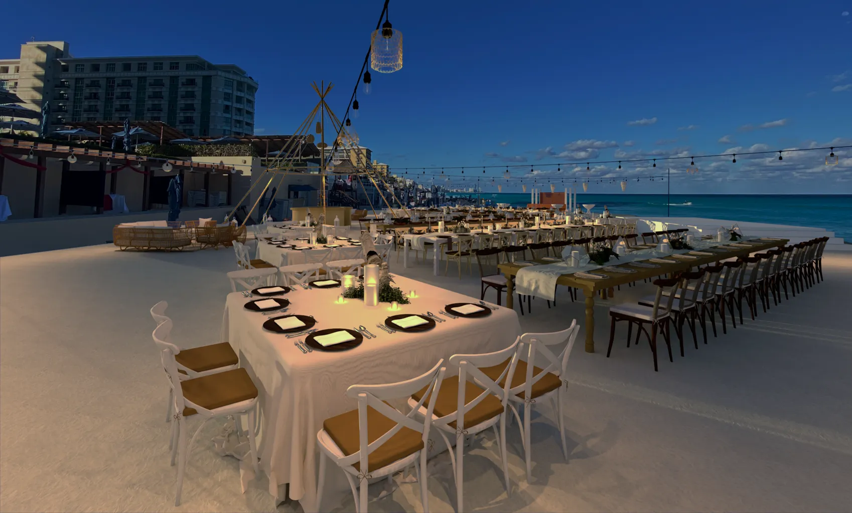 A 3D render of a square dining table set on sand with a beach and ocean in the background.