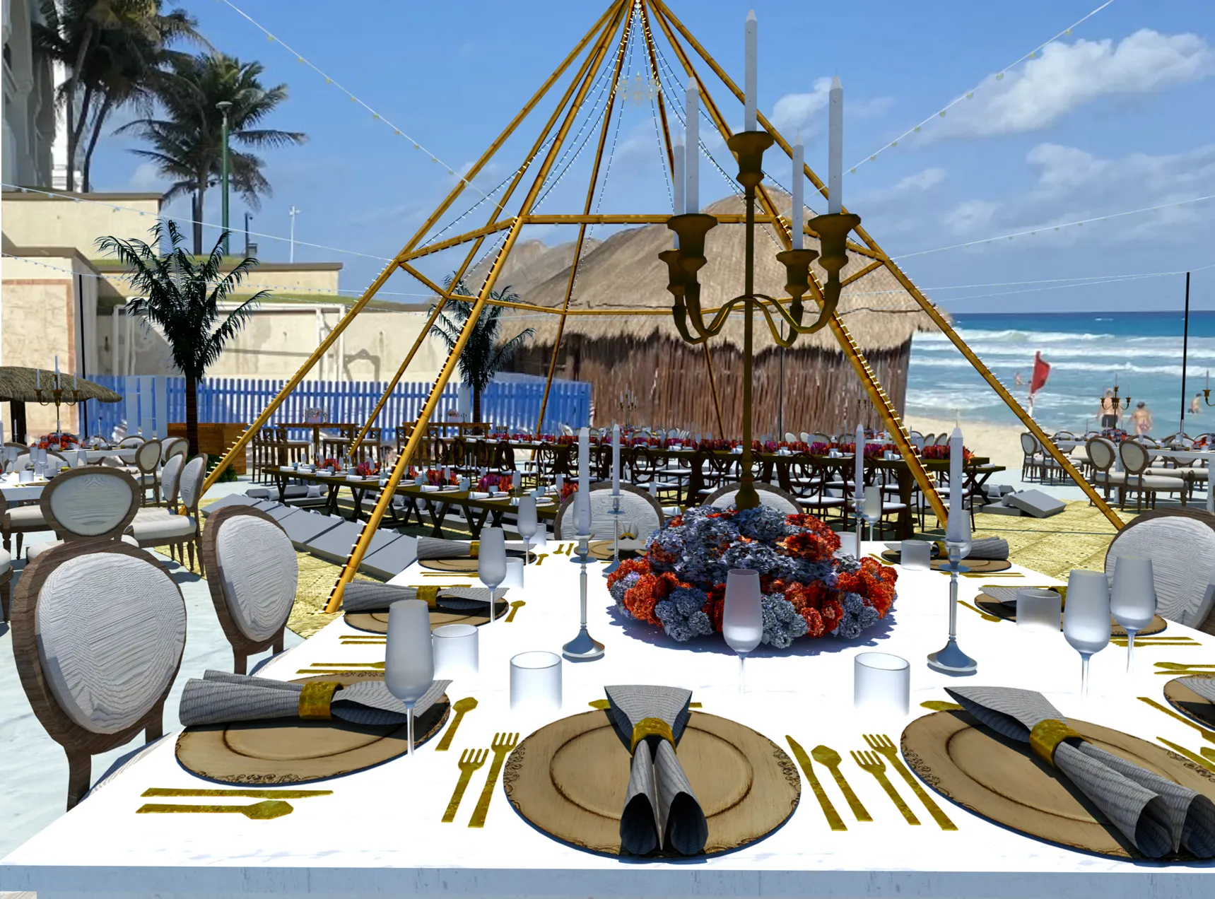 A 3D render of a large teepee structure over a beach dinner setup with round tables and candelabras.