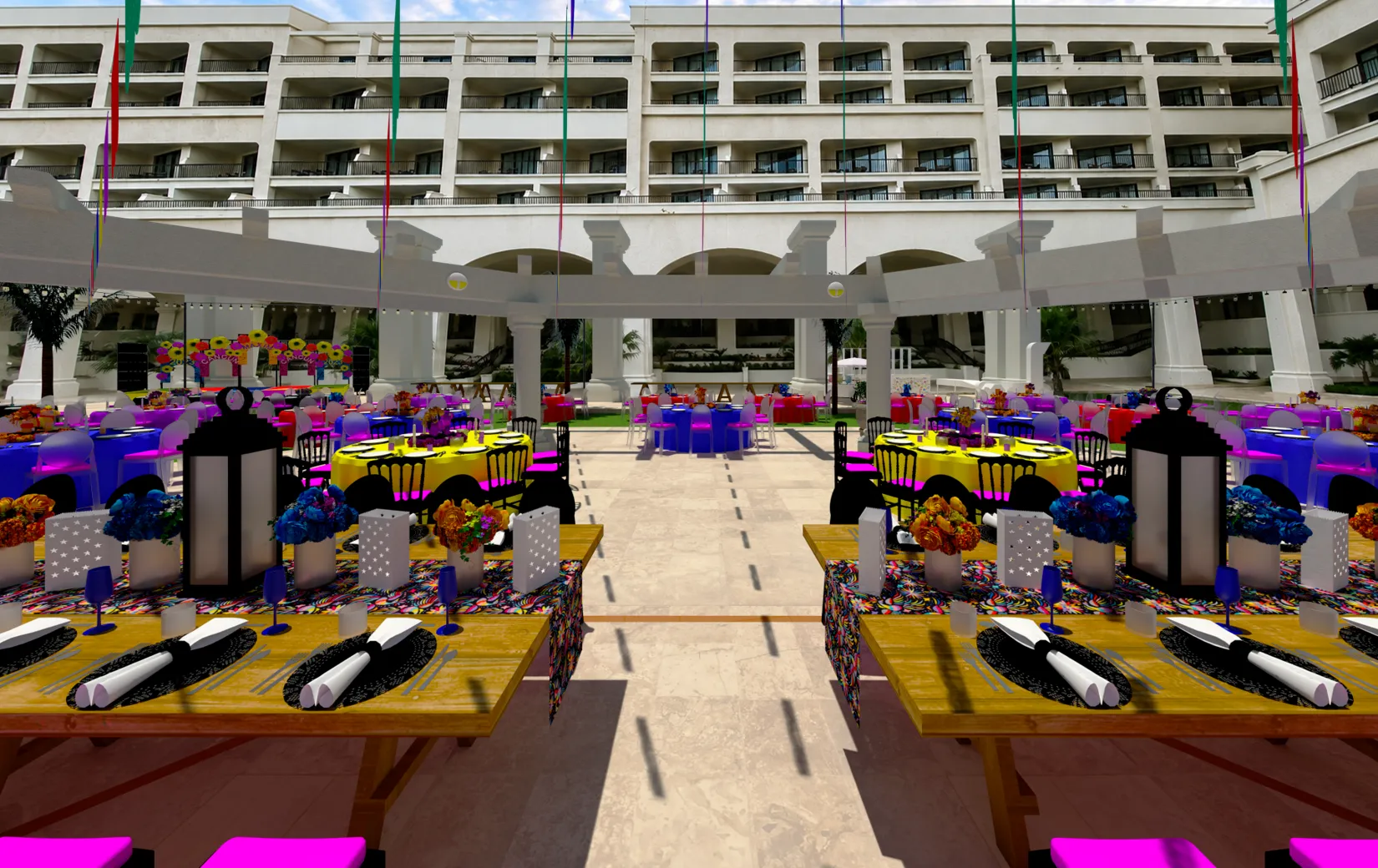 A 3D render of an outdoor resort courtyard set up for a large-scale Mexican fiesta with papel picado.