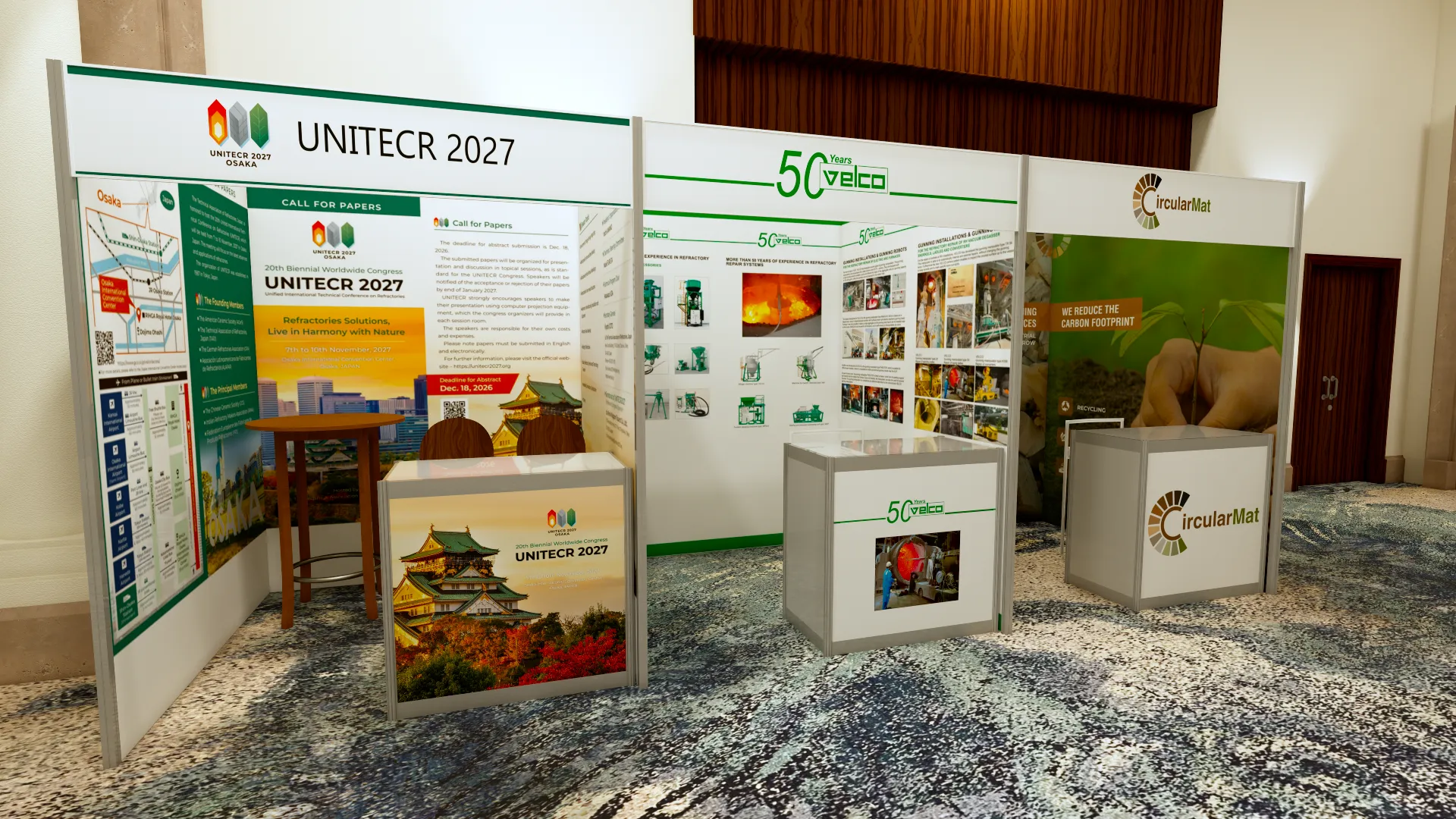 3D render of three modular expo booths with printed wall graphics, counters, display tables and seating in a hotel foyer.