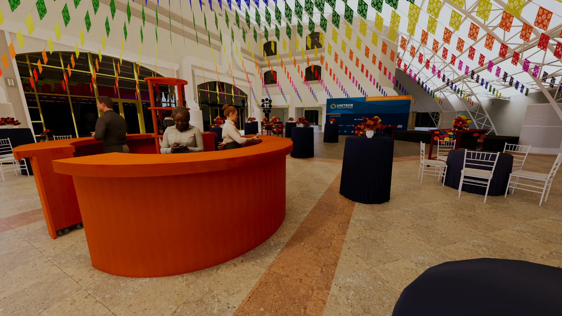 3D render of a Mexican welcome cocktail with a round wooden bar beneath a radial papel picado canopy.