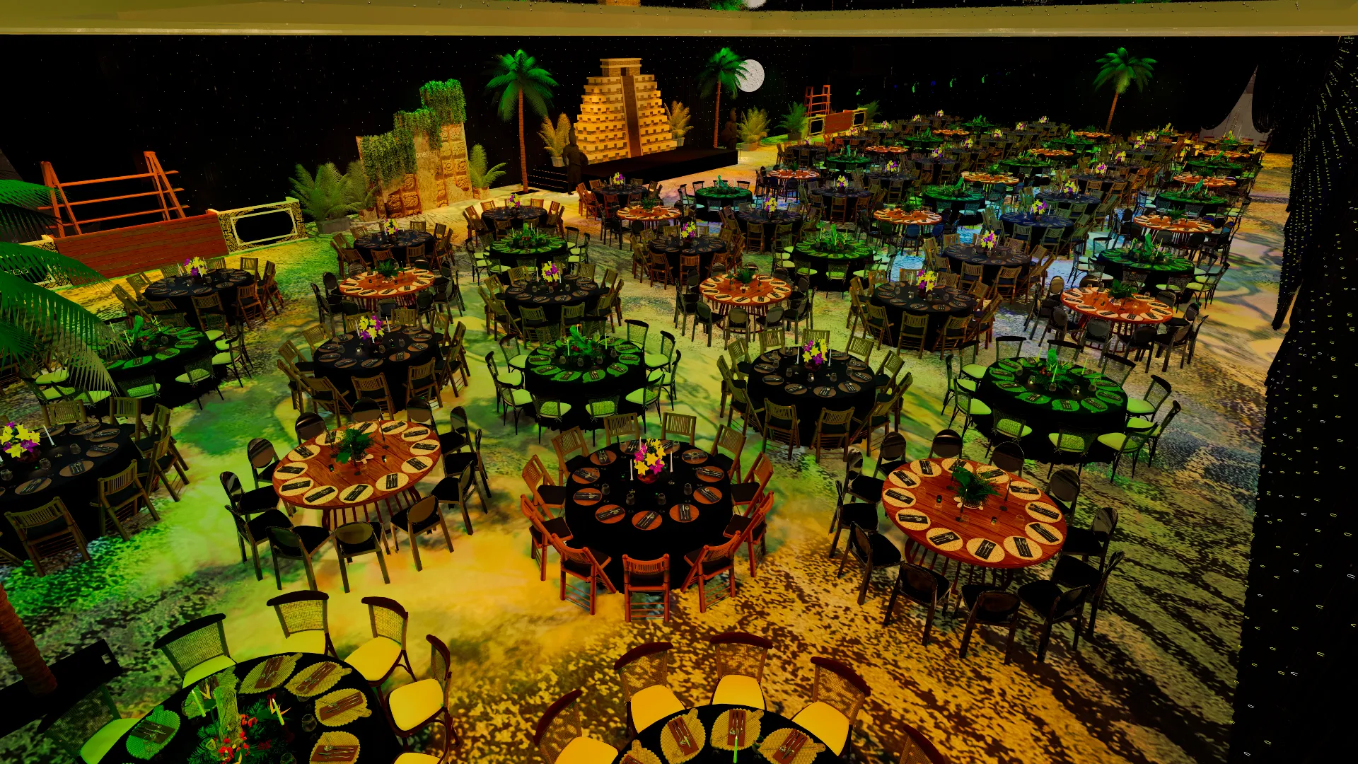 A 3D aerial render of a ballroom set for a Mayan-themed dinner with two bars, a stage arch, and round tables.