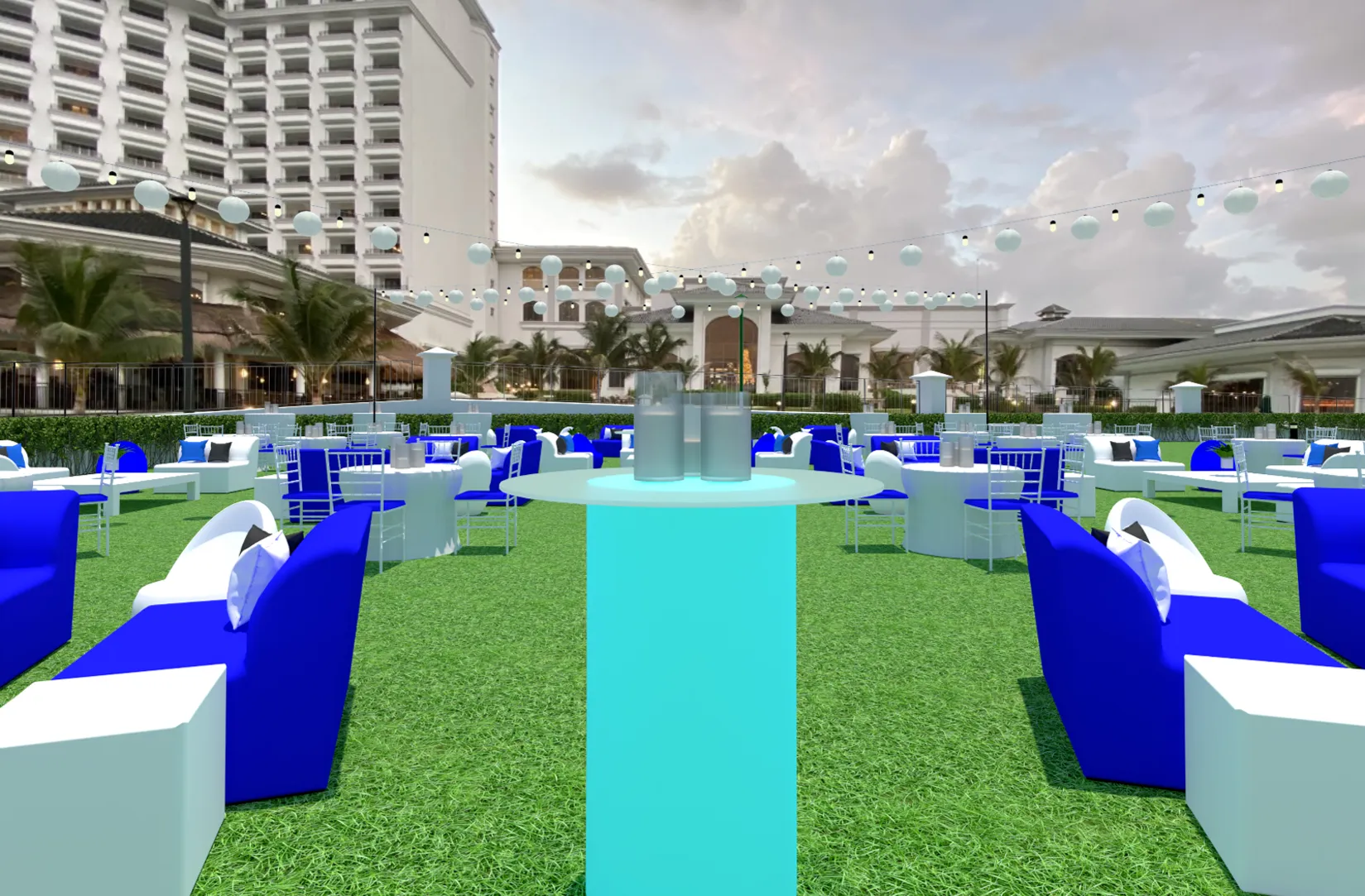 A 3D render of a garden lounge with blue and white love seats, glow stools, and rounded glow chairs around cocktail tables.