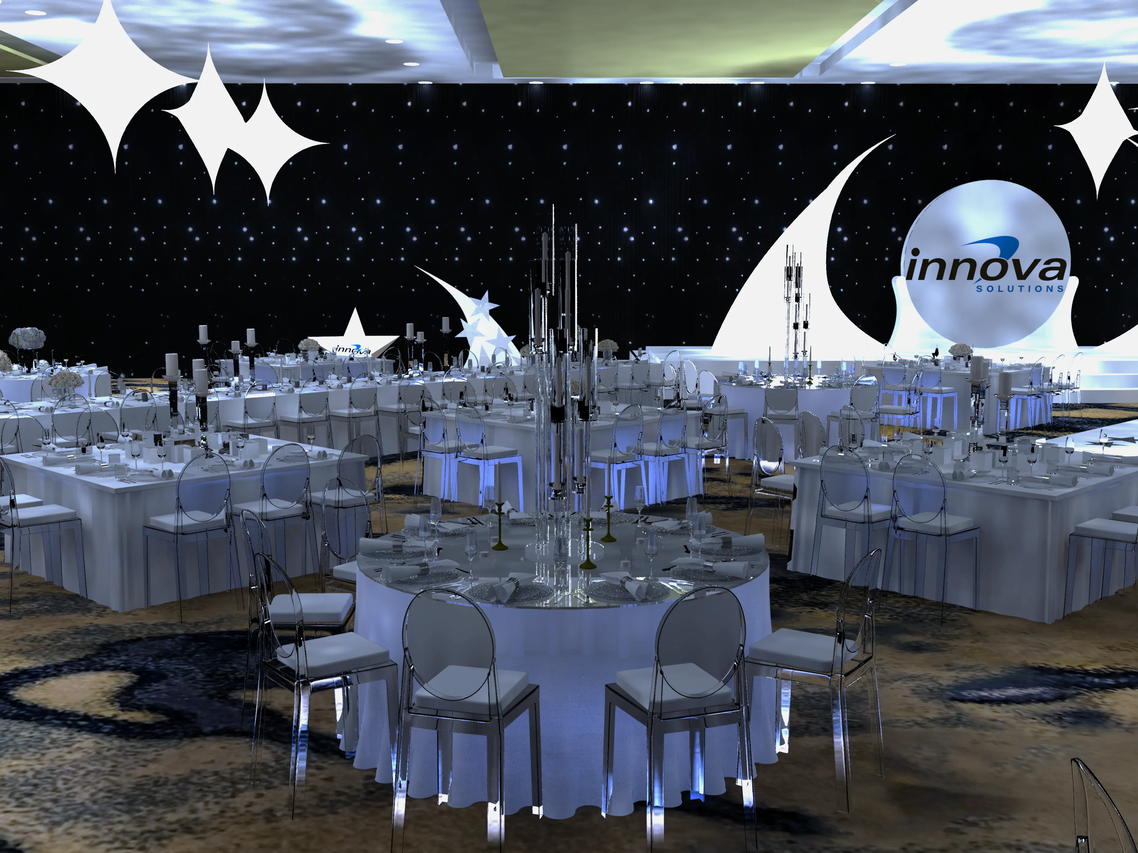 A 3D render of a ballroom with round and square dining tables set in silver and white beneath starlight draping.